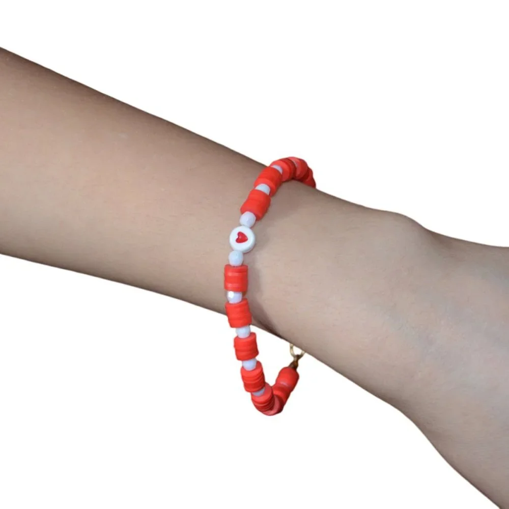 Handmade Clay Beads Elastic Kids Bracelet White Red Heart Image 2.5 length/half